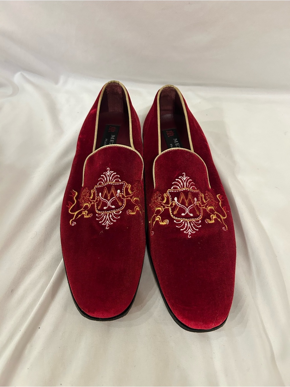Mezlan Maurice Velvet Embroidered Slip On Loafers Sz 9.5 Red Gold